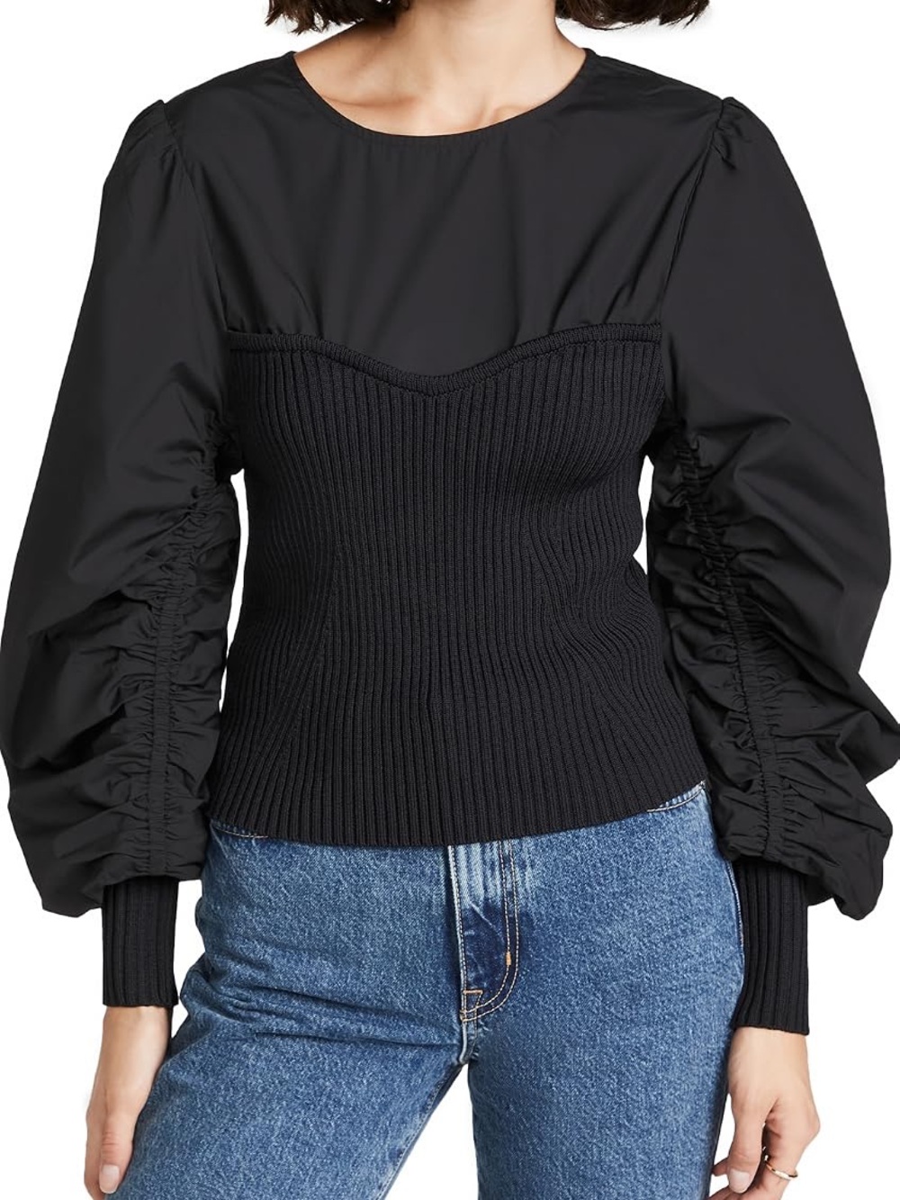 En Saison Black Puff Sleeve Ribbed Bodice Top
